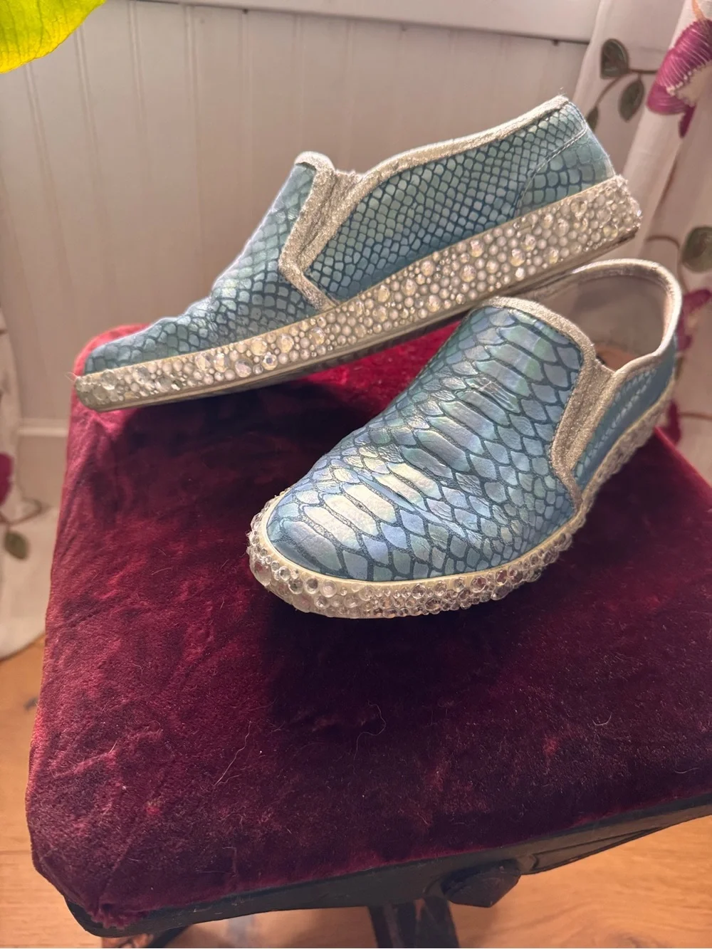 Iridescent Aqua Upcycled Slip-On Sneakers with Scaled Texture and Rhinestones